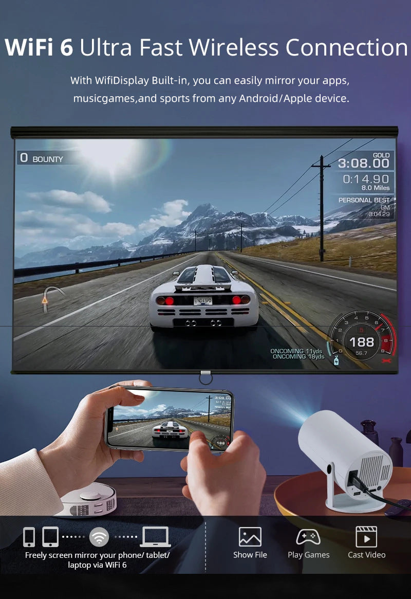 Proyector inteligente HY300 Pro - Cine en casa 4K, Android TV 11.0, WiFi 6 ultrarrápido y rotación de 180°