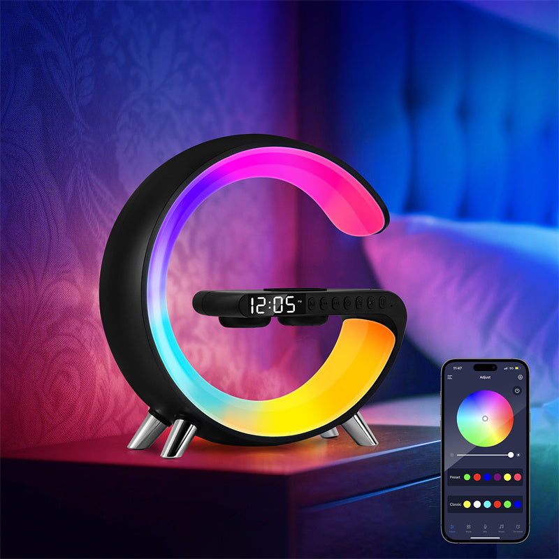 Smart RGB Atmosphere Bedside Lamp - G-Shaped Bluetooth Speaker & 15W Wireless Charging Hub - Sunrise Wake Up Light & Digital Alarm Clock for Bedroom Home Decor