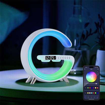 Smart RGB Atmosphere Bedside Lamp - G-Shaped Bluetooth Speaker & 15W Wireless Charging Hub - Sunrise Wake Up Light & Digital Alarm Clock for Bedroom Home Decor