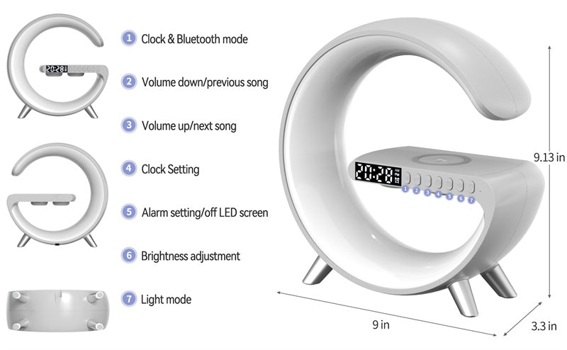 Smart RGB Atmosphere Bedside Lamp - G-Shaped Bluetooth Speaker & 15W Wireless Charging Hub - Sunrise Wake Up Light & Digital Alarm Clock for Bedroom Home Decor