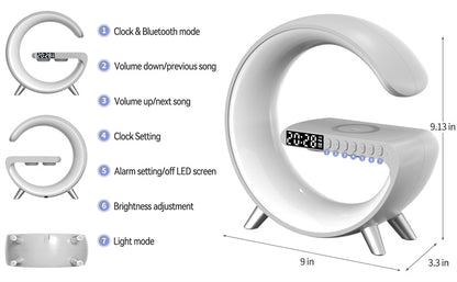 Smart RGB Atmosphere Bedside Lamp - G-Shaped Bluetooth Speaker & 15W Wireless Charging Hub - Sunrise Wake Up Light & Digital Alarm Clock for Bedroom Home Decor