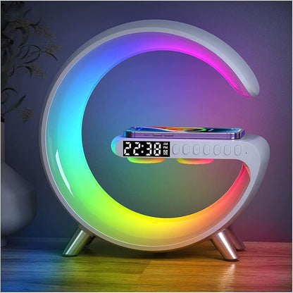 Smart RGB Atmosphere Bedside Lamp - G-Shaped Bluetooth Speaker & 15W Wireless Charging Hub - Sunrise Wake Up Light & Digital Alarm Clock for Bedroom Home Decor