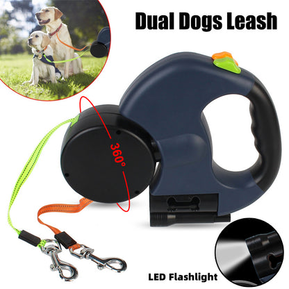 Correa retráctil para perros pequeños, reflectante, doble, con giro de 360° y luces. Productos para mascotas.