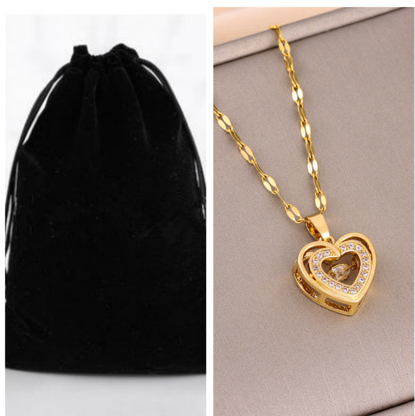Golden 3D Heart Pendant with Sparkling Crystal Accent